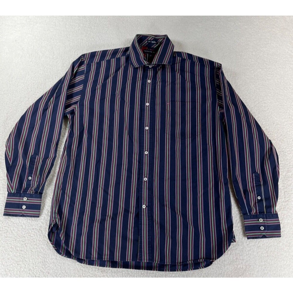 Tommy Hilfiger 80’s 2 Ply Fabric Men's Sz L‎ Stripes Colorful Button Down Shirt